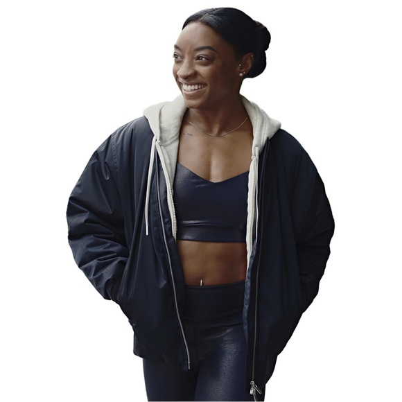 Athleta x Simone Biles Navy Blue Full Zip Sateen Bomber Jacket Size Medium - Picture 1 of 14